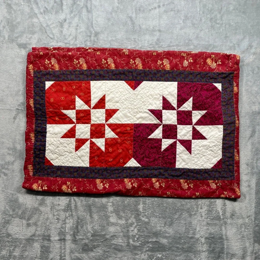 Handmade Quilted Lumbar Pillow Cover Star Pattern Red Burgundy Floral Border